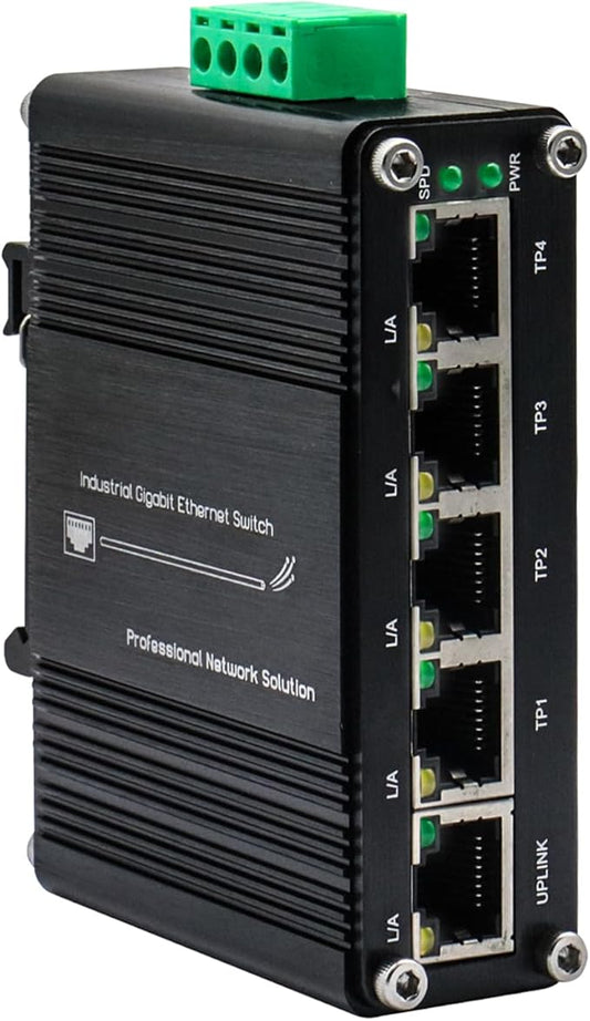 Mini 5 Port Industrial Gigabit Ethernet Switch 10/100/1000Mbps Ethernet Switch Industrial Design DIN-Rail or Wall Mount Plug and Play 12-48V DC 10Gbps Switching Capacity