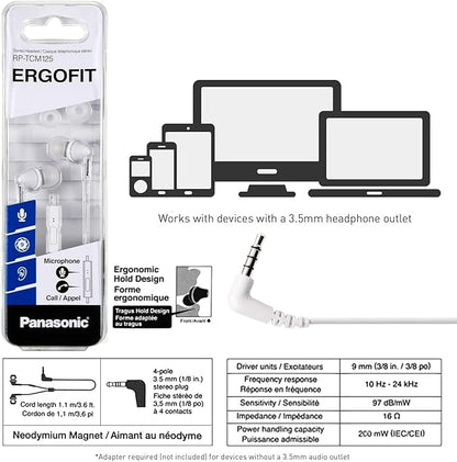 Panasonic ErgoFit Wired Earbuds With Microphone, 3.5mm Jack Wired Headphones with Mic and Call Controller, Ergonomic Custom-Fit Earpieces (S/M/L), for Phones and Laptops - RP-TCM125-W (White)