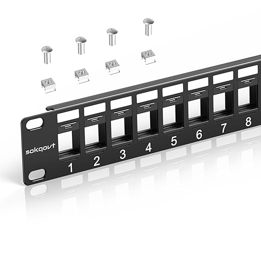 Sokqovt 24 Port Blank Keystone Patch Panel with Snap-in Design, Cat6 Network Patch Panel 1U 19 inch, Rack Mount Ethernet Patch Panel (for Slim Keystone Only)