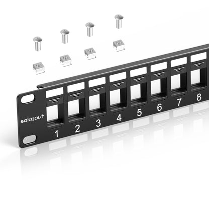 Sokqovt 24 Port Blank Keystone Patch Panel with Snap-in Design, Cat6 Network Patch Panel 1U 19 inch, Rack Mount Ethernet Patch Panel (for Slim Keystone Only)