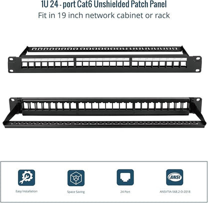 Tecmojo 24-Port Blank Keystone Patch Panel, 1U 19" Rackmount Housing with Cable Management Support Bar, Black