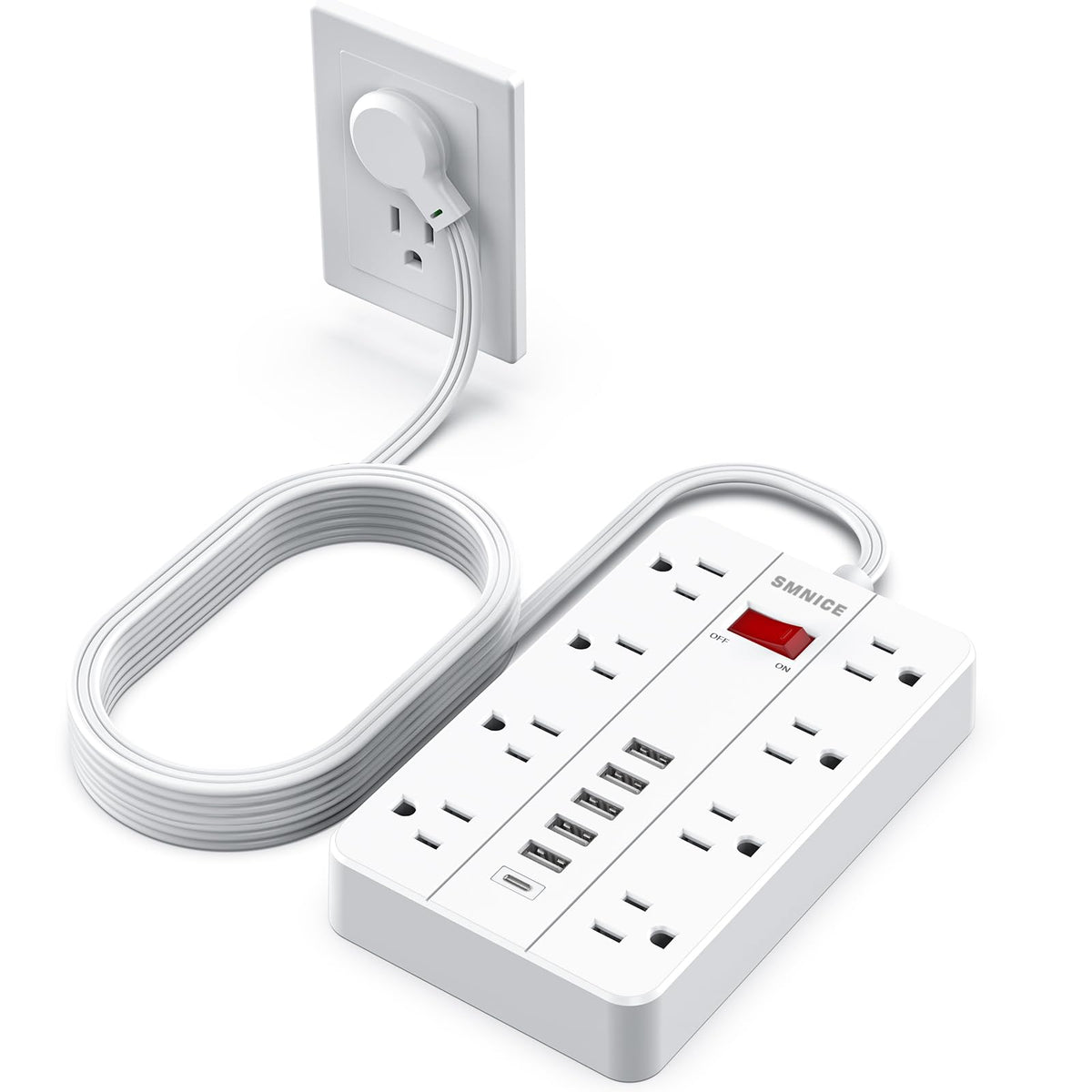Power Strip with USB,SMNICE Power Strip Flat Plug with 8 Widely-Spaced Outlets & 6 USB(1USB C) Ports, Wall Mountable 5ft Extension Cord for Smartphone Tablet Laptop Computer Multiple Devices