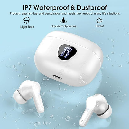 Wireless Earbuds, Bluetooth 5.4 Headphones HiFi Stereo, Bluetooth Earbuds with ENC Noise Cancelling Mic, IP7 Waterproof in Ear Earphones, 48H, LED Display Ear buds for Pad Workout Sports, White Purple