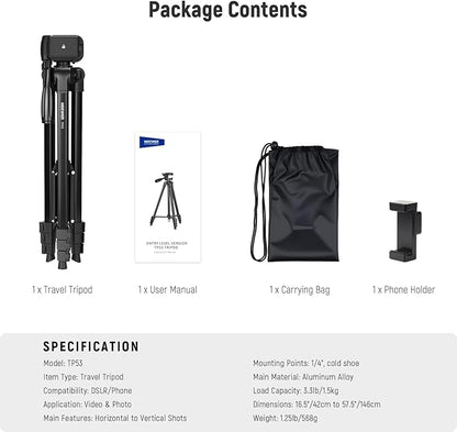 NEEWER Entry Level Version Tripod for Cell Phone & Camera, Metal Lightweight Portable Travel Stand with Cold Shoe Cellphone Holder Mount Compatible with iPhone for Video Recording Filming, TP53