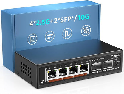 6 Port 2.5G Unmanaged Ethernet Switch, 4 x 2.5G Base-T Ports, 2 x 10G SFP, Compatible with 100/1000/2500Mbps, VLAN, Fanless, Desktop/Wall Mount YuanLey 2.5Gbe Network Switch for Wireless AP, NAS, PC