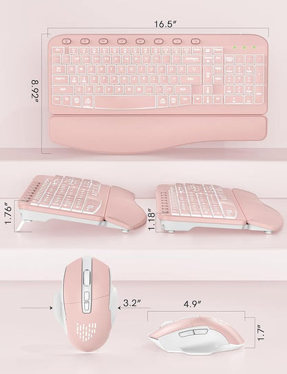 SABLUTE Ergonomic Wireless Keyboard and Mouse Combo - Wave Keyboard with Soft Leather Wrist Rest, Resistant Keys, RGB Backlit Rechargeable Set for PC/Mac/Chromebook (Pink)