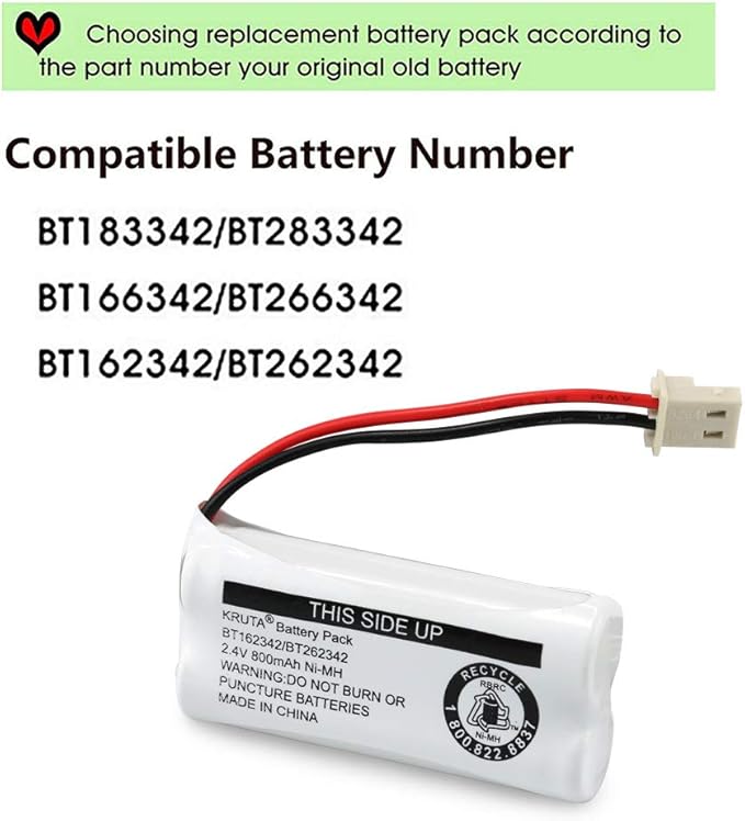 Kruta BT162342 BT262342 Cordless Phone Batteries Compatible with BT183342 BT283342 BT166342 BT266342 VTech CS6114 CS6419 CS6719 at&T EL52300 CL80111 Handset Telephone (Pack of 2)