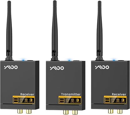 YMOO 3 in 1 2.4Ghz Wireless Audio Transmitter and Receiver,2 Receivers for Two Speakers,20ms Ultra Low Latency,192kHz/24bit HiFi,320ft Range RCA Jack Wireless Adapter for TV/Speaker/PC/Home Stereo