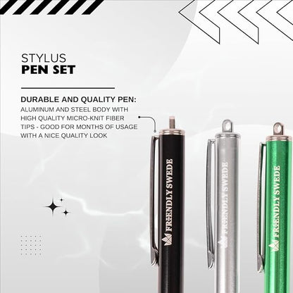 The Friendly Swede Mesh Tip Stylus Pen for Touchscreen — 3-Pack Micro-Knit Capacitive Stylus Pen for iPad & iPhone with 3 Replaceable Fiber Tips, Elastic Lanyards & Screen Cleaning Cloth