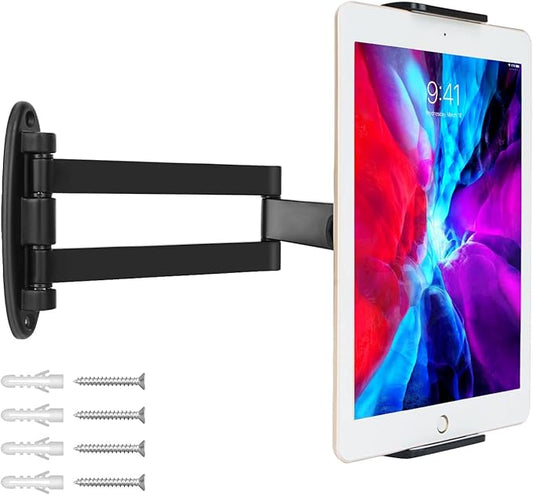 GSRUAN Tablet Wall Mount with Adjustable Long Arm Hinge 360° Swivel Bracket for 4.7 to 12.9 inch Tablet or Phone（Black）