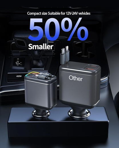 247W Retractable Car Charger with Voltage Monitor&Multicolored Light,5 in 1 USB C Car Charger with 2 Retractable Cable for iPhone 16 15 Pro Max Plus,Laptop,MacBook Air/Pro,Samsung Galaxy S25 S24,iPad