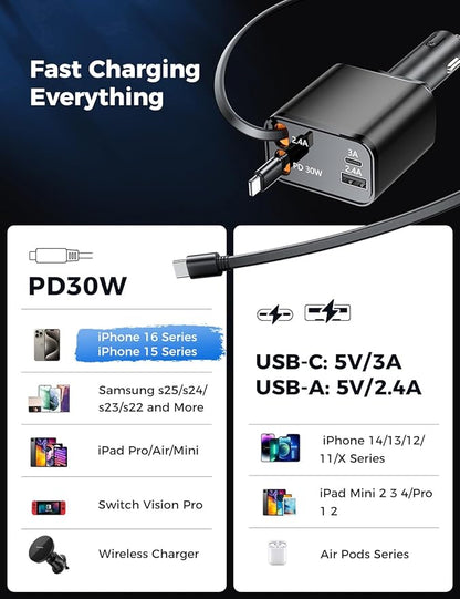 [2025 Upgraded] Retractable Car Charger, SUPERONE 69W Car Phone Charger with Cables Fast Charging, USB C Car Charger Adapter for iPhone 16 15 14 13 12, Samsung, Black