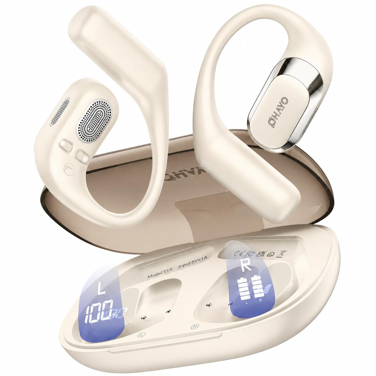 OHAYO Open Ear Headphones,Earbuds with Ergonomic Earhook,Bluetooth Headphones 5.4 with Smart Digital Display,40H Playtime,IPX6 Waterproof,Touch Control Earphones Fit Cycling,Running,Workout(Beige)