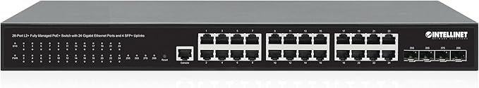 Intellinet 28-Port L2+ Fully Managed PoE+ Switch - with 24 Gigabit Ethernet Ports and 4 SFP+ Uplinks – 370W Power Budget, 30W per Port Max – 3 Yr Mfg Warranty – 561846