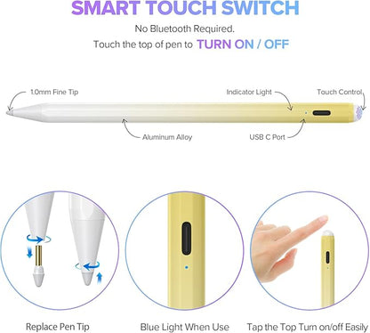 Stylus Pen for iPad 6th-11th Generation-2X Fast Charge Active Pencil Compatible with 2018-2025 Apple iPad Pro 11"/12.9"/M4, iPad Air 3/4/5/M2/M3,iPad Mini 5/6 Gen-Gradient White Yellow