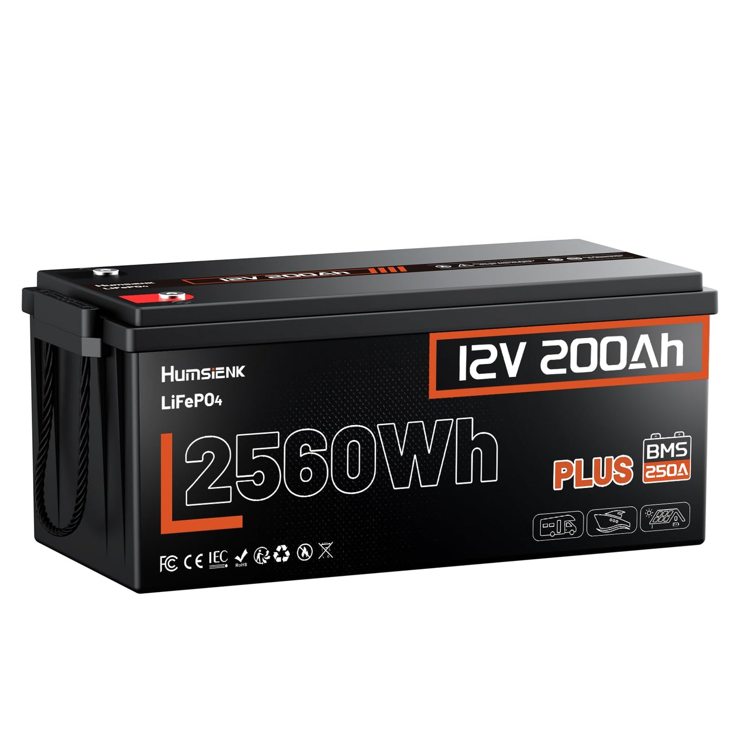 HumsiENK 12V 200Ah LiFePO4 Lithium Battery – Max. 2560Wh, 6000-15000 Deep Cycle Battery with 250A BMS, Low-Temp Cutoff | A+ Grade Cells for Marine, Trolling Motor, Off-Grid Home Energy Storage