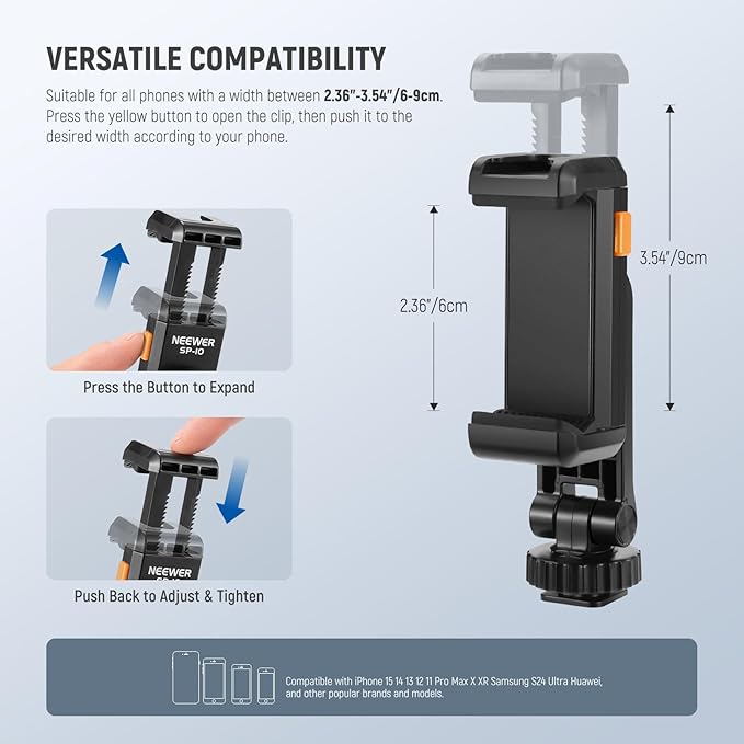 Neewer Basic Phone Tripod Mount Holder with 1/4" Thread & Cold Shoe, 2.36"-3.54"/6-9cm 360° Rotatable Camera Mount Cellphone Clamp for iPhone 15 14 13 12 11 Pro Max X XR Samsung S24 Ultra, SP-10