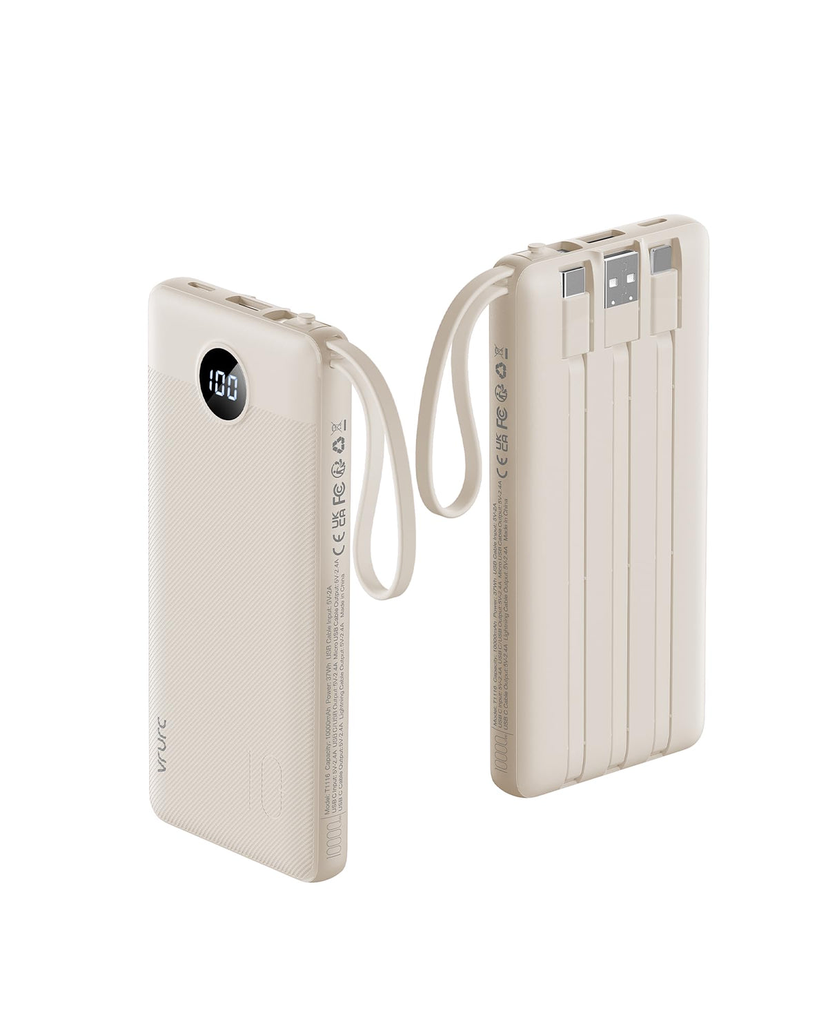 VRURC Portable Phone Charger, Built-in 4 Cables USB C Power Bank 10000mAh