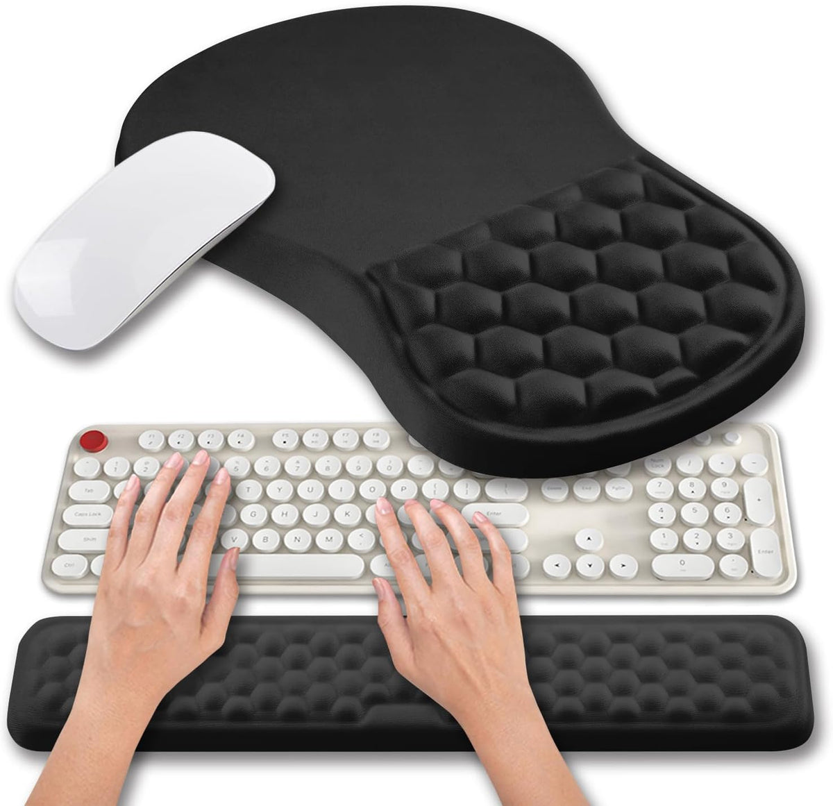 Hokafenle 2 in 1 Ergonomic Mouse Pad Wrist Support & Wrist Rest for Computer Keyboard Set, with Relieve Carpal Tunnel Pain Massage Bulge and Full Memory Gel Design (2In1 Set, Sand Color)