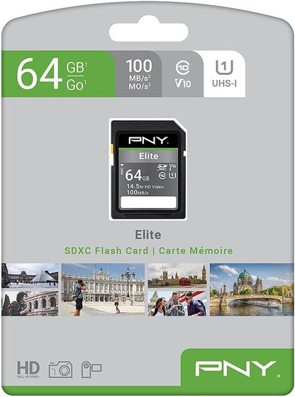 PNY 64GB Elite Class 10 U1 V10 SDXC Flash Memory Card - 100MB/s, Class 10, U1, V10, Full HD, UHS-I, Full Size SD (Pack of 1)