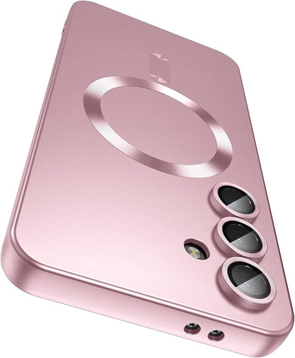 Magnetic for Samsung Galaxy S25 Case [Compatible with MagSafe][Built-in Camera Lens Protector] Slim Soft Silicone Bumper Shockproof Metallic Luster Phone Case (Rose Gold)