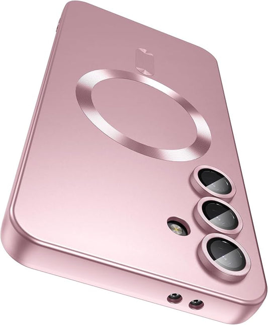 Magnetic for Samsung Galaxy S25 Plus Case [Compatible with MagSafe][Built-in Camera Lens Protector] Slim Soft Silicone Bumper Shockproof Metallic Luster Phone Shell (Rose Gold)