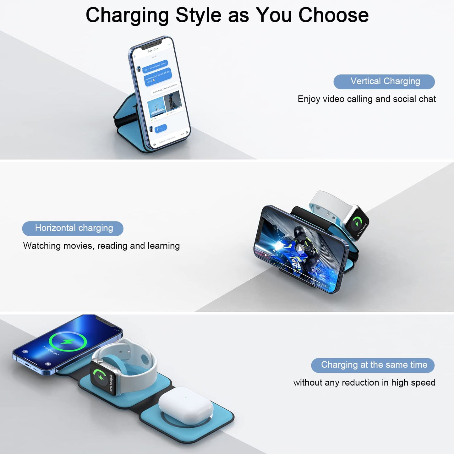 Wireless Charger 3 in 1,RTOPS Magnetic Traval Wireless Charging Station Multiple Devices,GaN 3 in 1 Charging Station,Compatible iphone17/16/15/14/13/Pro/Max,iWatch,AirPods4/3/2/Pro(Adapter Includes)