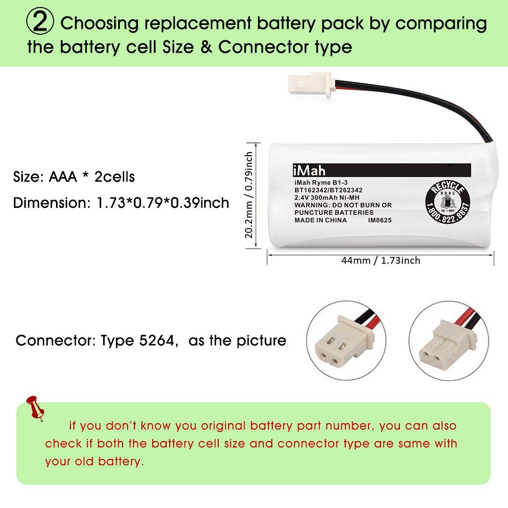iMah BT162342 BT262342 Cordless Phone Batteries Compatible with BT183342 BT283342 BT166342 BT266342 VTech CS6114 CS6419 CS6719 AT&T EL52300 CL80111 Handset Telephone (Pack of 2)