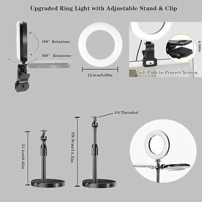 Ring Light with Stand, Desk Ring Light with Clip Upgraded 10W 3000K-6500K Travel Desktop Light for Phone Selfie Laptop Zoom Video Makeup Vlog Tiktok Live Streaming