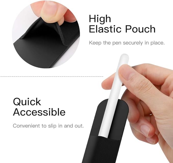 MoKo Pencil Holder Sticker Fit Apple Pencil Pro, Apple Pencil (USB-C), iPencil 1st/2nd Generation, Elastic Pencil Pocket Pouch Adhesive Sleeve Attached to iPad Case for Stylus Pens,Black