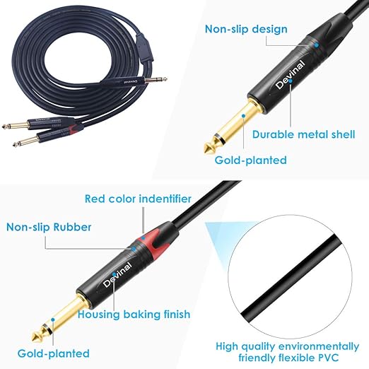 Devinal 1/4 to Dual 1/4 Y-Splitter Cable, 6.35mm TRS to Dual 6.35mm TS Insert Cable Cord, Quarter inch Stereo to 2 Quarter inch Mono Send and Return Patch Cord 6 Feet