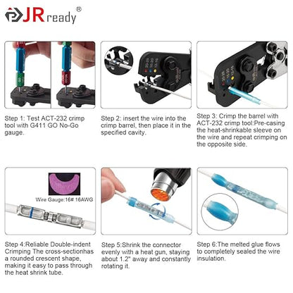 JRready ST6488-12-100 M81824/1 Series Waterproof Heat-Shrinkable Splice Kit 100Sets Butt Crimp Splices16-12AWG with PVDF Tubes Butt Splice Connectors with ACT-232 Crimp Tool G411 Go-No Go Gauge