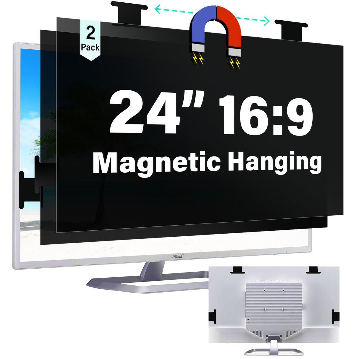 [2 Pack] Magnetic Hanging 27 Inch Computer Privacy Screen for 16:10 Aspect Ratio Widescreen Monitor, Eye Protection Anti Glare Blue Light Computer Monitor Privacy Filter, Removable 27in Protector Film