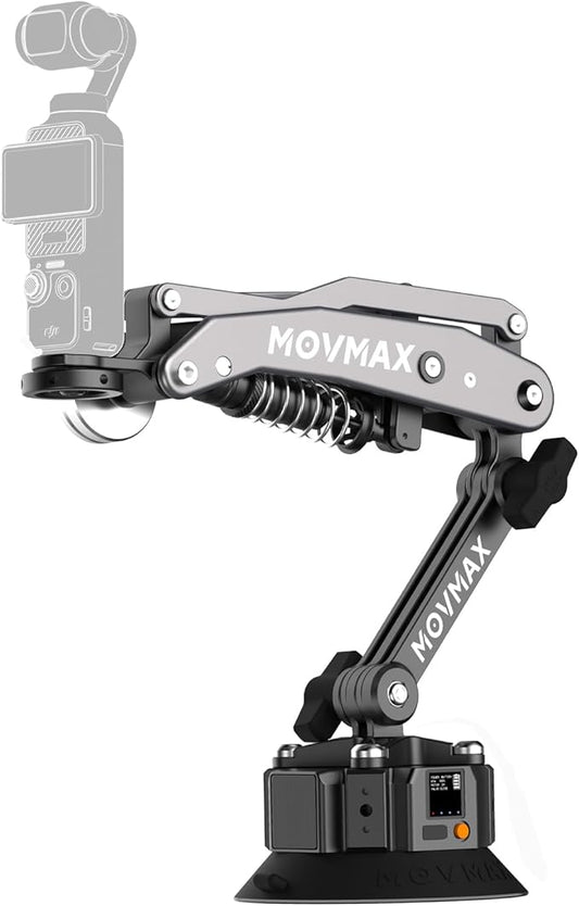MOVMAX Blade Arm Solar Electronic Suction Cup Mount, Shock Absorber Arm Car Mount for DJI Pocket 4/3, GoPro Hero 13, 360 Action Cameras with Auto Pressure Detection & LCD Display, Pocket 3 Accessories