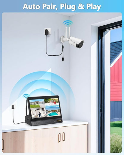 5MP Wireless Security Camera System with 10" Monitor, Outdoor WiFi Home Video Cameras Systems Surveillance DVR Kits