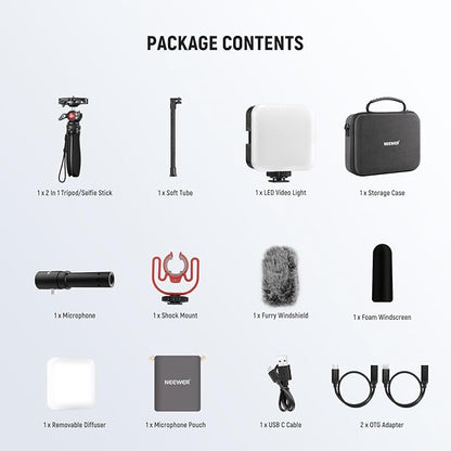 NEEWER Phone Vlogging Kit, Content Creator Essentials Kit for YouTube with LED Light, Selfie Stick Travel Tripod, Flexible Soft Tube, USB C Cardioid Microphone for iPhone, Android, Podcast, PA045
