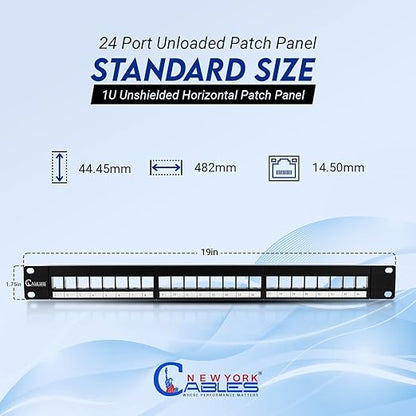 NewYork Cables® Blank Keystone 24 Port Cat6 Patch Panel - 10Gb Ethernet 1U Horizontal Rack Mount, Color-Coded T568A/B Labels, Network for Data Centers, Server Rooms, Unloaded, Unshielded.