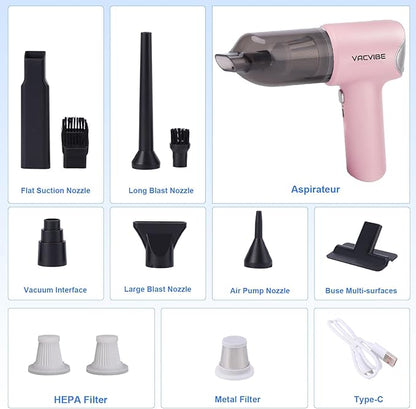 Handheld Car Vacuum Cleaner, 21000PA 4 in 1 Portable Rechargeable Brushless Motor Mini Cordless Car Cleaner, 120W High Power with Multi-Nozzles for Home Office Pet, Present for Girl Women Pink