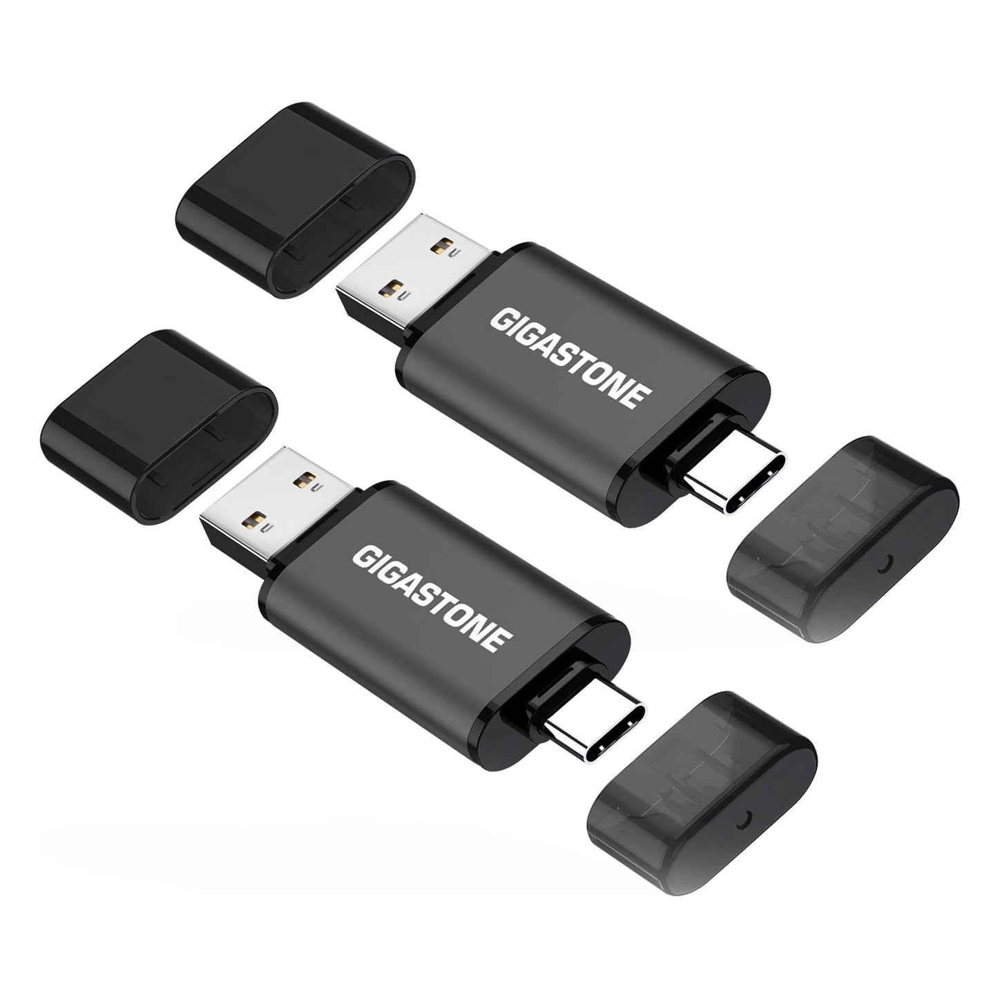 GIGASTONE 128GB Dual USB Flash Drive 2-Pack, USB 3.2 Gen 1, 2-in-1 USB C+A, Speed Up to 100MB/s, Head Cap Design Thumb Drive, Plug & Play for Smartphone/PC/Mac/TV/Car Audio, USB 2.0/3.0/3.1 Compatible