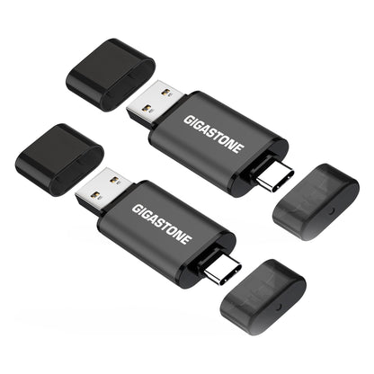 GIGASTONE 128GB Dual USB Flash Drive 2-Pack, USB 3.2 Gen 1, 2-in-1 USB C+A, Speed Up to 100MB/s, Head Cap Design Thumb Drive, Plug & Play for Smartphone/PC/Mac/TV/Car Audio, USB 2.0/3.0/3.1 Compatible