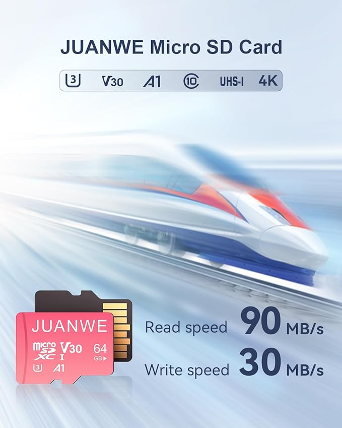 JUANWE 64GB Micro SDXC Card, UHS-I C10 U3 V30 4K UHD Video A1 TF Card with Adapter (Pink)
