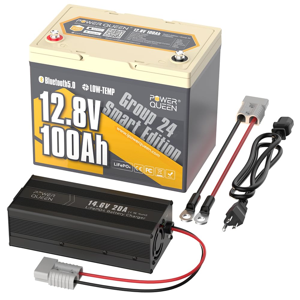 Power Queen 12V 100Ah LiFePO4 Battery with 12V 20A Lithium Battery Charger