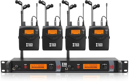 XTUGA RW2080 Wireless in Ear Monitor System 4 Bodypacks UHF IEM System, Dual Channel Mono Design Stage Monitors Earphone with 40 Frequencies, 300Ft for Band, Studio or Musicians, 902-928mhz