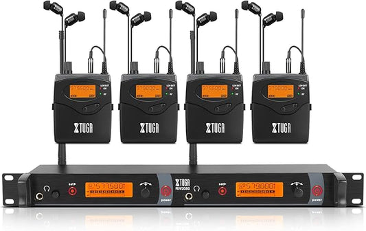 XTUGA RW2080 Wireless in Ear Monitor System 4 Bodypacks UHF IEM System, Dual Channel Mono Design Stage Monitors Earphone with 40 Frequencies, 300Ft for Band, Studio or Musicians, 902-928mhz
