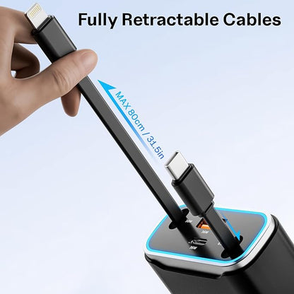 iPhone Car Charger, 4 in 1 Retractable Fast Car Phone Charger Adapter 131W, Retractable Cables (31.5 inch) & 2 USB Ports for iPhone 16/15/14/13/12/11 Pro/Samsung