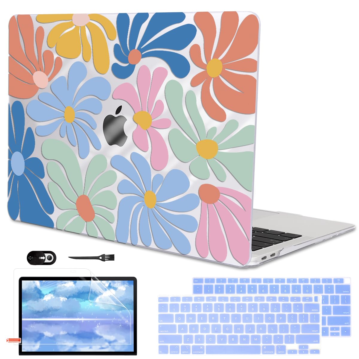 LCMOCICO for MacBook Air 13 inch Case 2021 2020 2019 2018 A2337 M1 A2179 A1932 Cover with Touch ID, Crystal Plastic Printed Pattern Hard Shell Case Keyboard Skin Screen Protector, Colorful Flowers