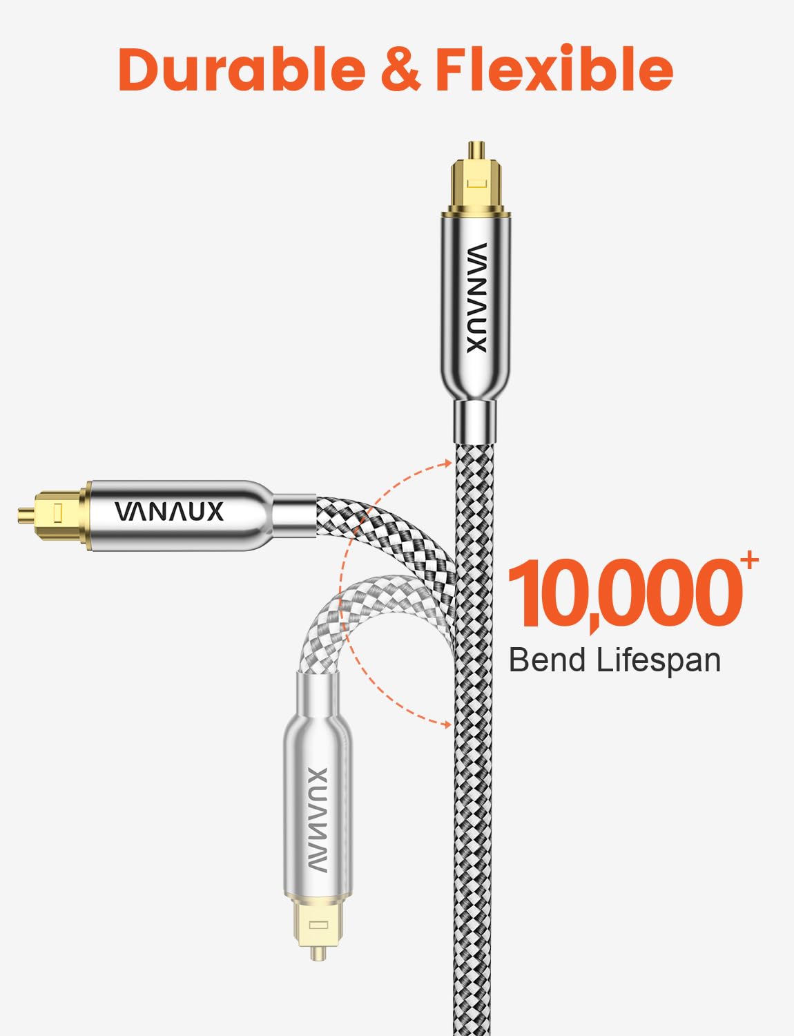 VANAUX Digital Optical Audio Cable 15FT (24K Gold Plated Connectors, Aluminum Alloy Shell,Braided Jacket) S/PDIF Toslink Cable Fiber Optic Cable for Home Theater, Soundbars, Gaming Consoles