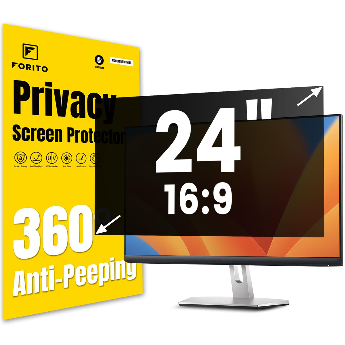 F FORITO 23.8 Inch 16:9 360°Privacy Screen Protector for Computer Monitor, Removable Eye Protection Anti Blue Light Anti Glare Computer Screen Privacy Shield for 23.8" Widescreen Monitors