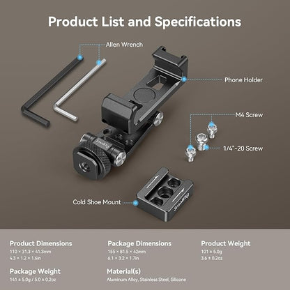 SMALLRIG Universal Phone Tripod Mount, Metal Cell Phone Mount with Cold Shoe Mount and M4 Screws for DJI RS 4 Mini/Pro, Free Adjustment Phone Mount Adapter for iPhone 16 15, for Samsung Galaxy- 4301