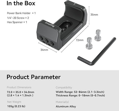 SmallRig Aluminum Power Bank Holder, Powerbank Mount Clamp Compatible with Width Range: 53 mm–84 mm (2.1–3.3 inches) and Thickness Range: 0 mm–18 mm (0–0.7 inch) Power Banks - BUB2336